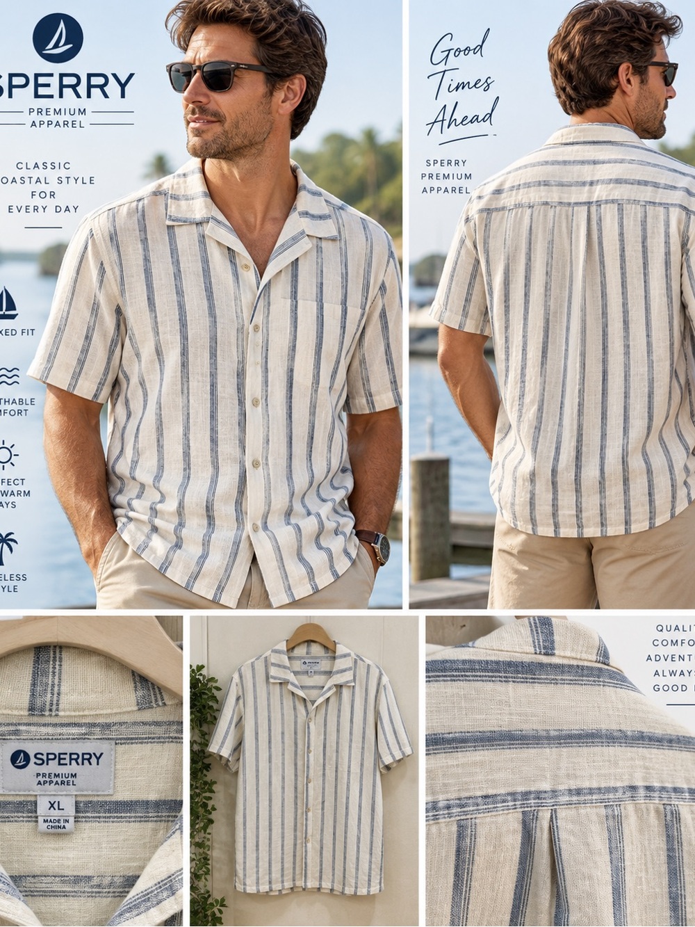 Sperry Cream Shirt with Blue Vertical Stripes